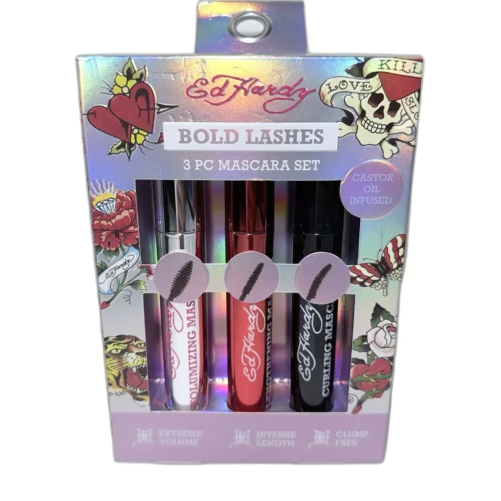 Ed Hardy Bold Lashes 3Pc Mascara Set W/Castor Oil infused Clump Free New In Box